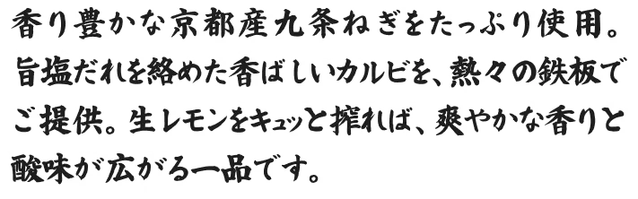 香り豊かな京都産九条ねぎをたっぷり使用。旨塩だれを絡めた香ばしいカルビを、熱々の鉄板でご提供。生レモンをキュッと搾れば、爽やかな香りと酸味が広がる一品です。