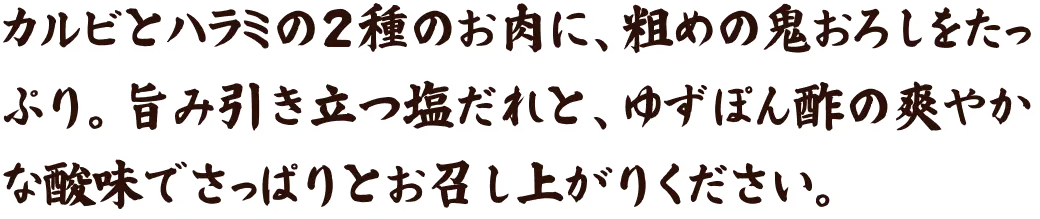 カルビとハラミの2種のお肉に、粗めの鬼おろしをたっぷり。旨み引き立つ塩だれと、ゆずぽん酢の爽やかな酸味でさっぱりとお召し上がりください。