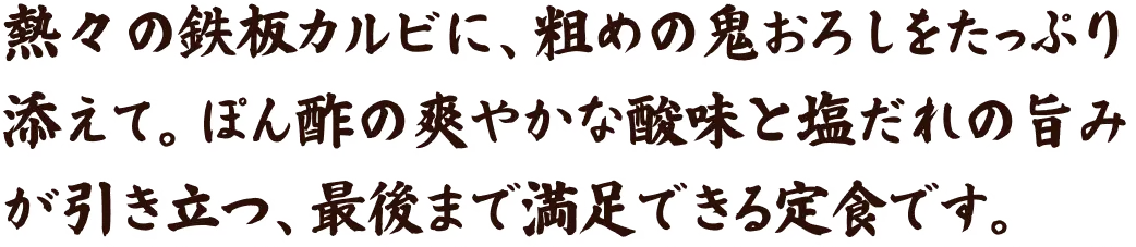 熱々の鉄板カルビに、粗めの鬼おろしをたっぷり添えて。ぽん酢の爽やかな酸味と塩だれの旨みが引き立つ、最後まで満足できる定食です。