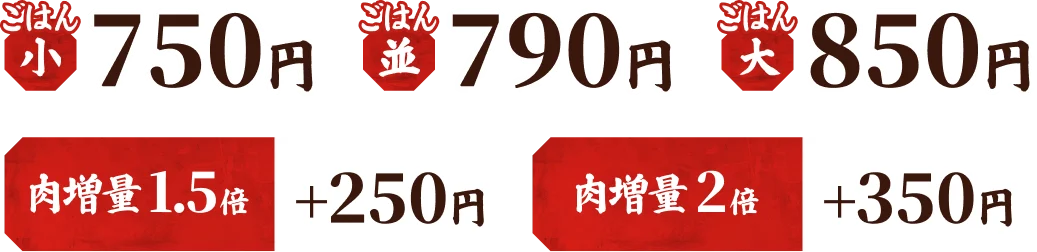 ごはん（小）750円、ごはん（中）790円、ごはん（大）850円、カルビ肉増量1.5倍 +250円、カルビ肉増量2倍 +350円